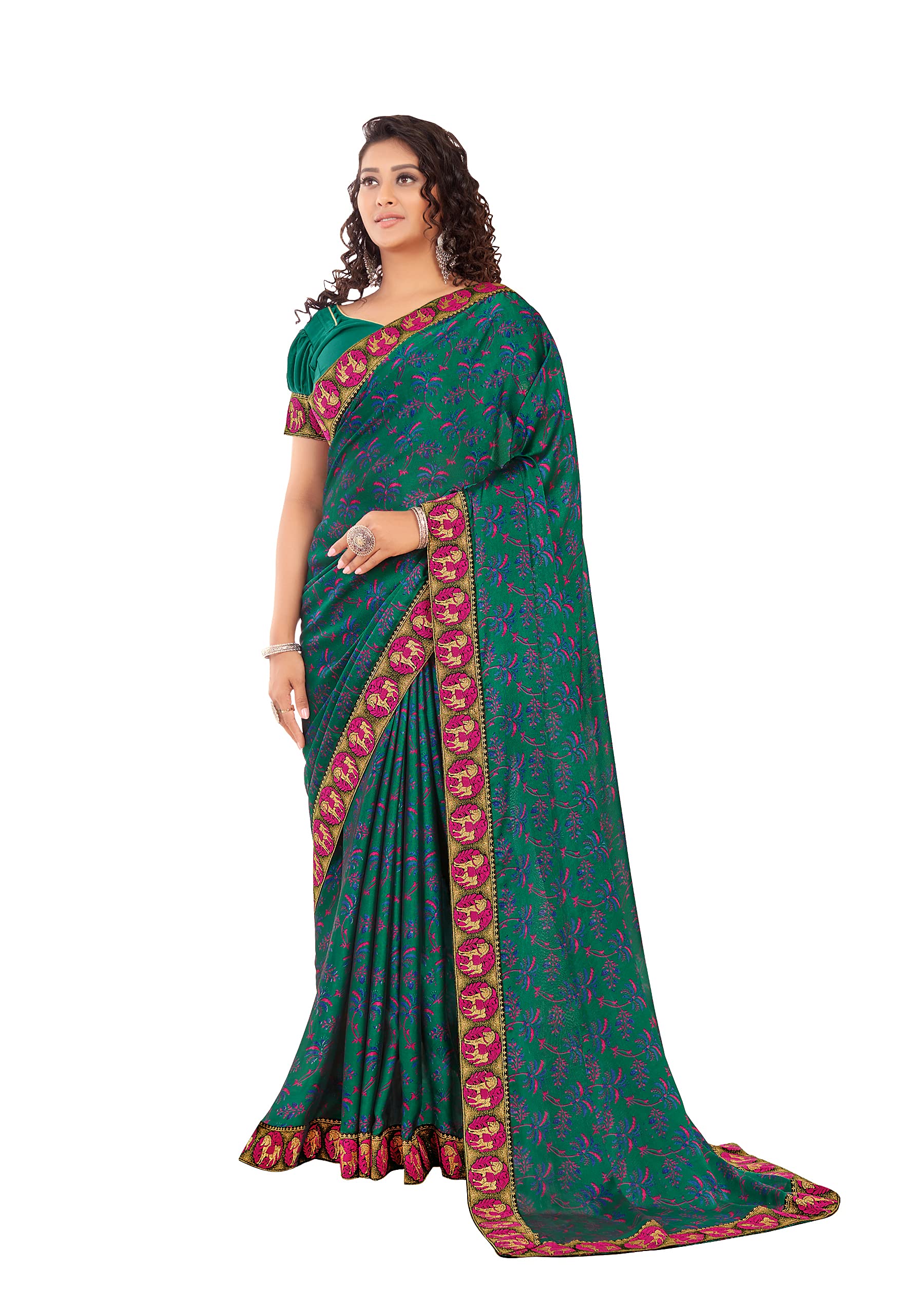 DRAVINAM Trends Women's Pure georgette floral Print saree with Lace Borders and Solid Blouse Piece (Blue)