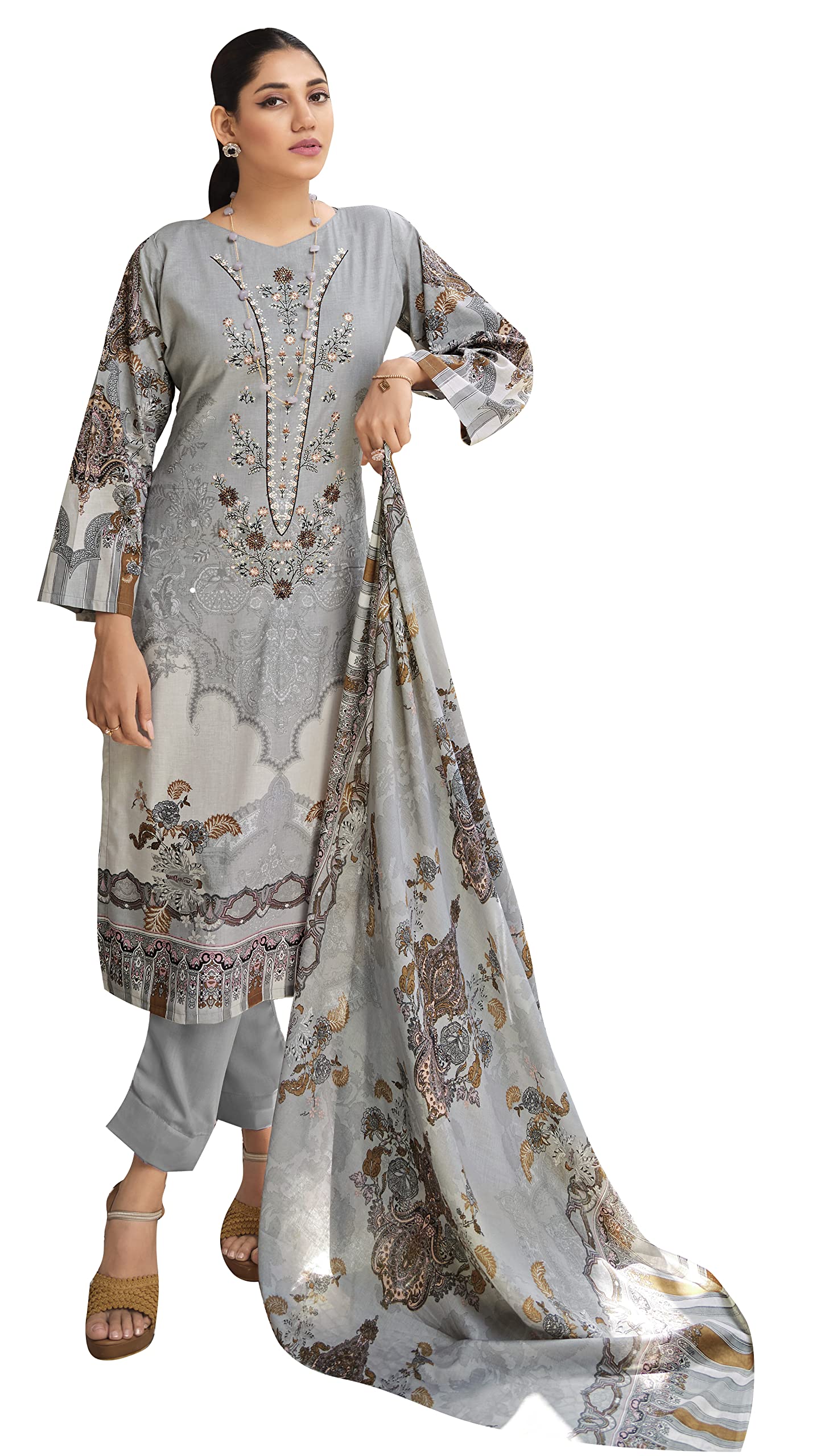 DRAVINAM Trends Women Unstitched Pakistani Print Embroidered Cotton Salwar Suit Dress Materials with Dupatta, Free Size
