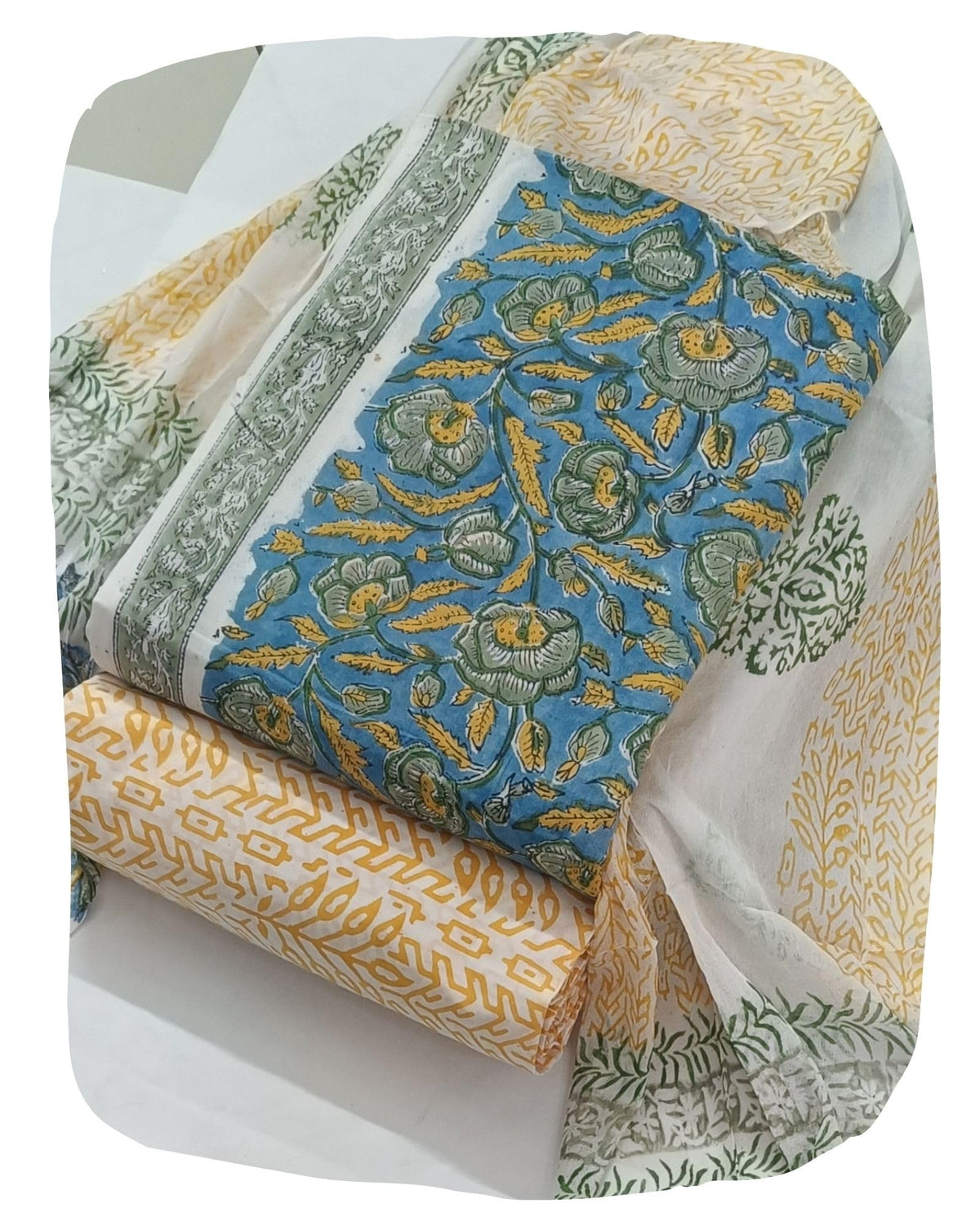 DRAVINAM Trends Hand Block Print Pure Cambric Cotton Unstitched Suit Material with Chiffon Hand Printed Dupatta