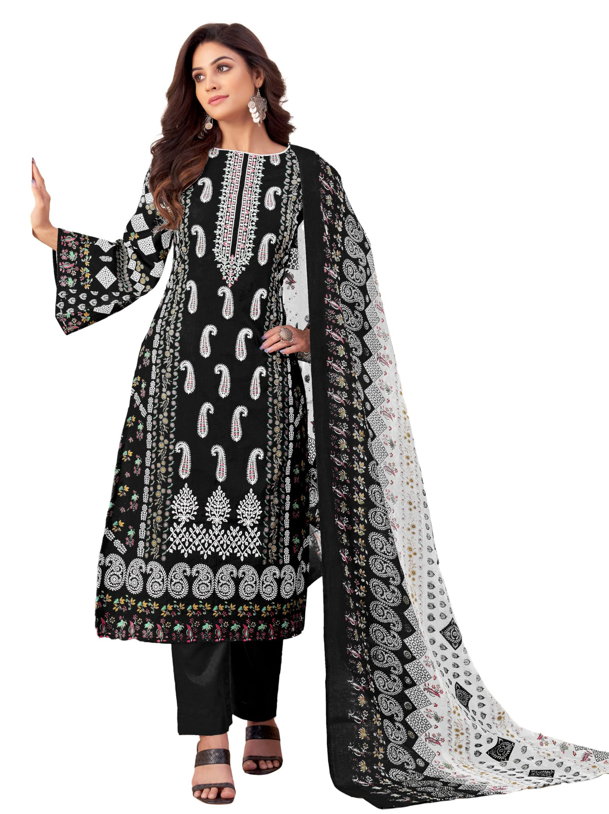 DRAVINAM Trends Women's Pakistani Print Embroidered Unstitcehd Pure Cambric Cotton Salwar Suit Dress Materials with Pure Cotton Printed Dupatta