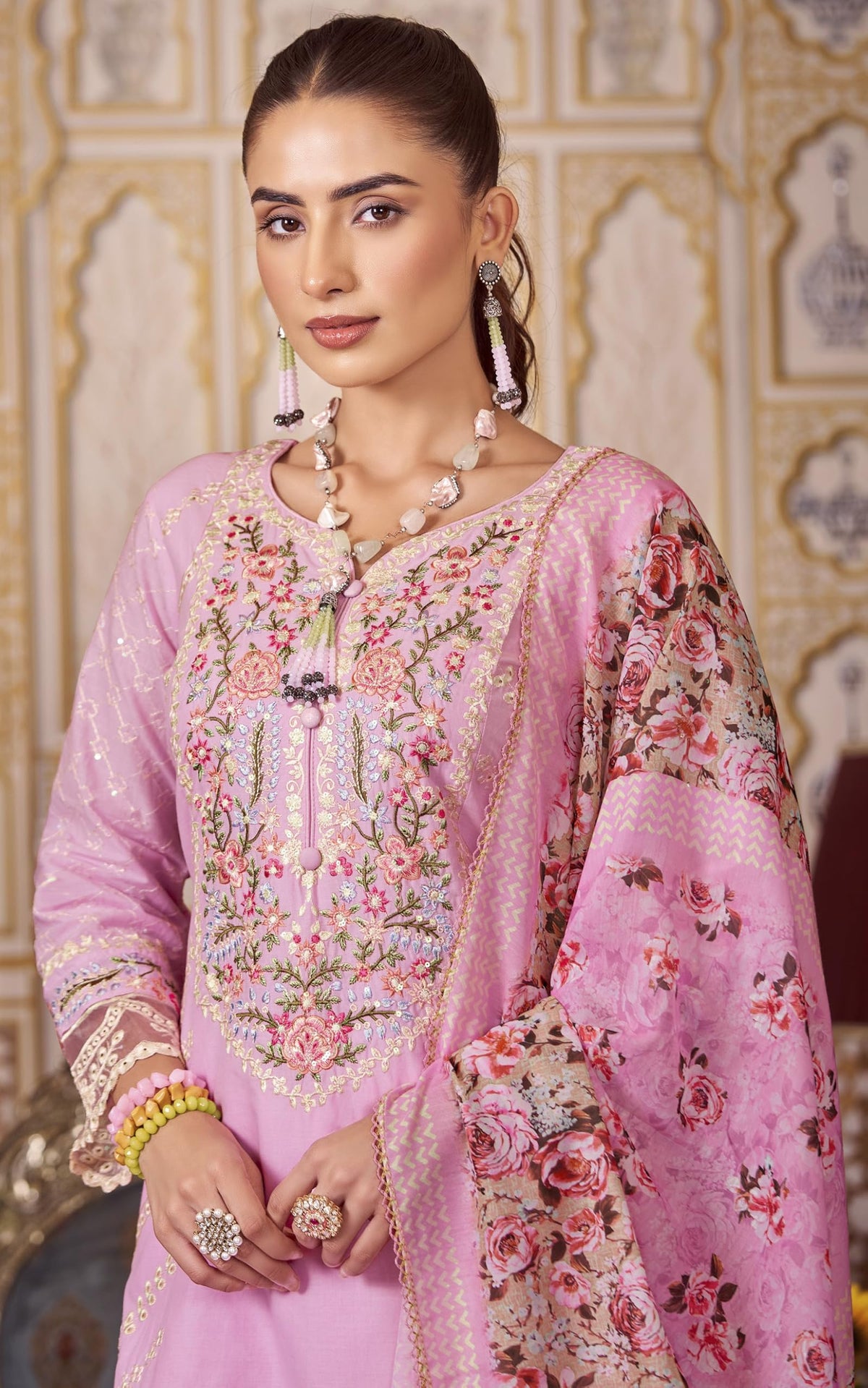 DRAVINAM Trends Women's Exquisite Unstitched Viscose Cambric Lawn Cotton Suit Dress Material with Embroidered Daman & Sleeves | Stylish Pure Cotton Digital Print Dupatta & Solid Bottoms