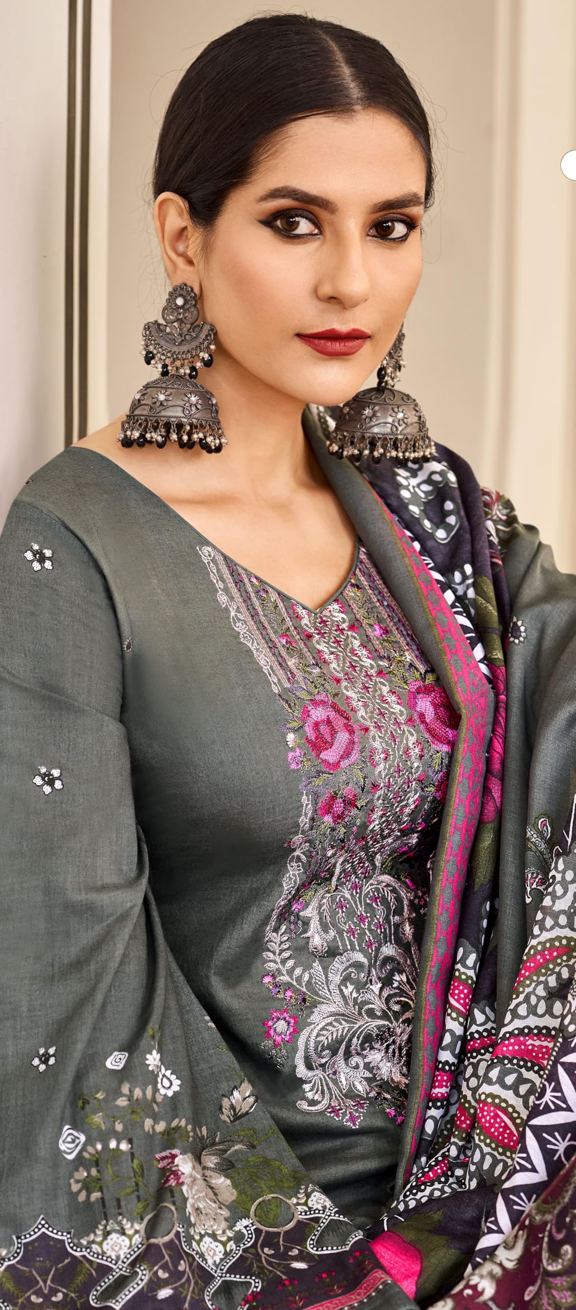 DRAVINAM Trends Lawn Cotton Pakistani Embroidered Suit Dress Material with Unstitched Bottoms and Cotton Dupatta