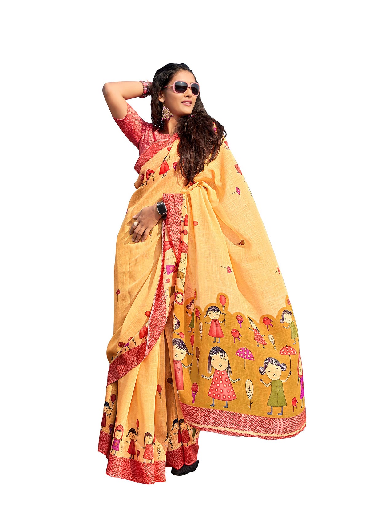 DRAVINAM Trends Women's Soft Printed Pure Linen Saree With Blouse Piece (Beige)