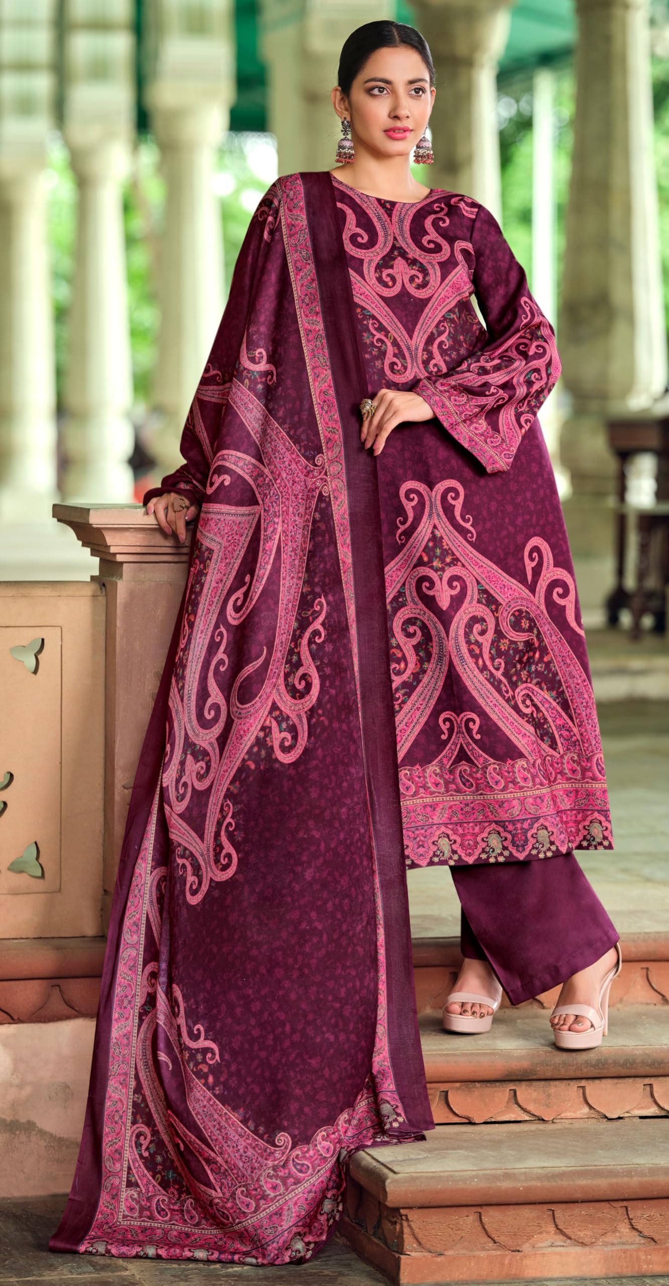 DRAVINAM Trends Women's Pure Viscose Pashmina Digital Kashmiri Printed Salwar Suit Material Set with Unstitch Bottom and Kashmiri Print Shawl Dupatta