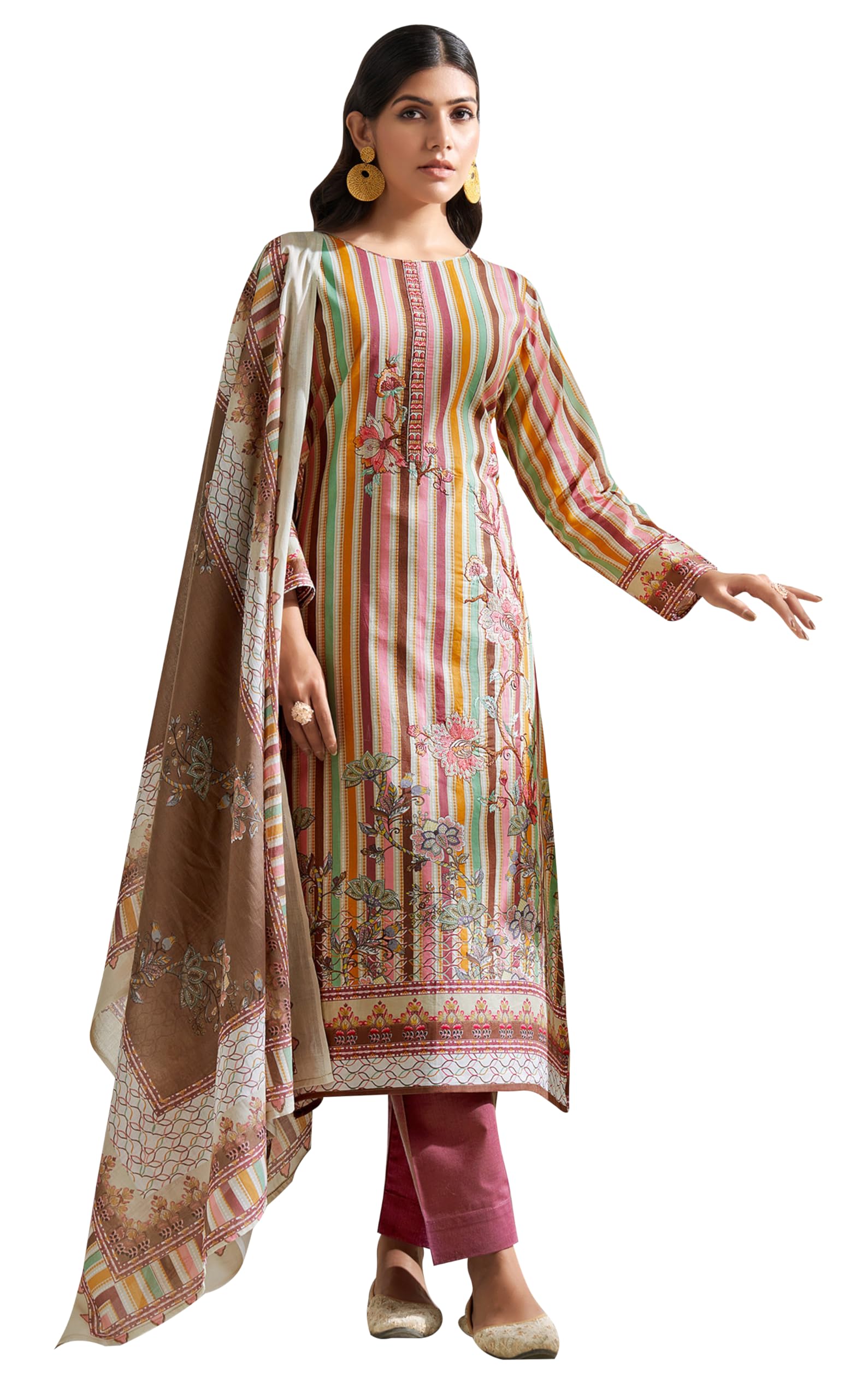 DRAVINAM Trends Unstitched Women Suit Material – Viscose Cotton Digital Printed Embroidered Kameez, Cambric Cotton Plain Bottoms and Printed Dupatta