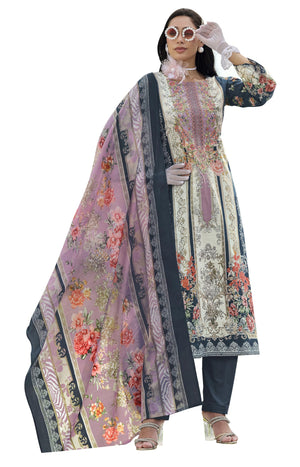 DRAVINAM Trends Women's Unstitched Pakistani Print Embroidered Pure Cotton Salwar Suit Dress Materials with Cotton Printed Dupatta