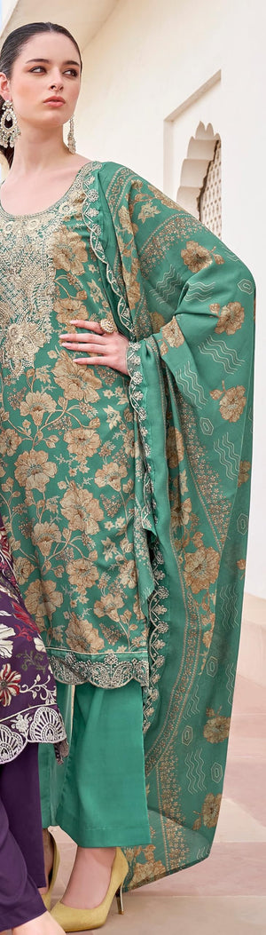 DRAVINAM Trends Pure Viscose Rayon Discharge Foil Printed Fancy Embroidered Daman Lace Suit Dress Material with Unstitched Rayon Bottoms and Cotton Embroidered Dupatta