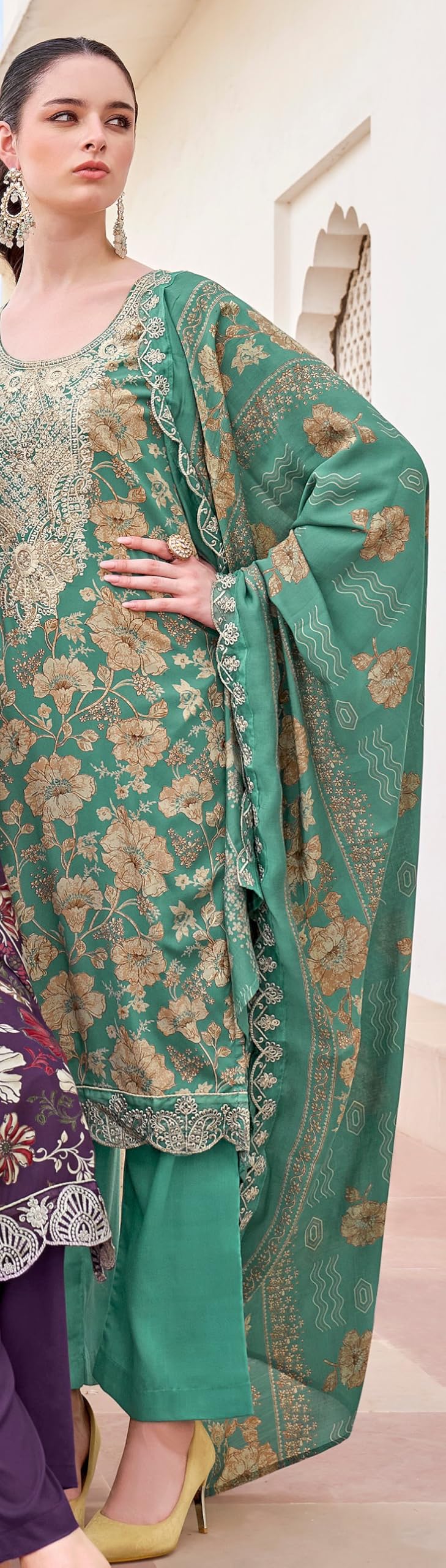 DRAVINAM Trends Pure Viscose Rayon Discharge Foil Printed Fancy Embroidered Daman Lace Suit Dress Material with Unstitched Rayon Bottoms and Cotton Embroidered Dupatta