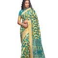DRAVINAM Trends Women's Soft Linen Cotton Handloom Art Print Woven Bordered Saree with Unstitched Blouse Piece (Cream)