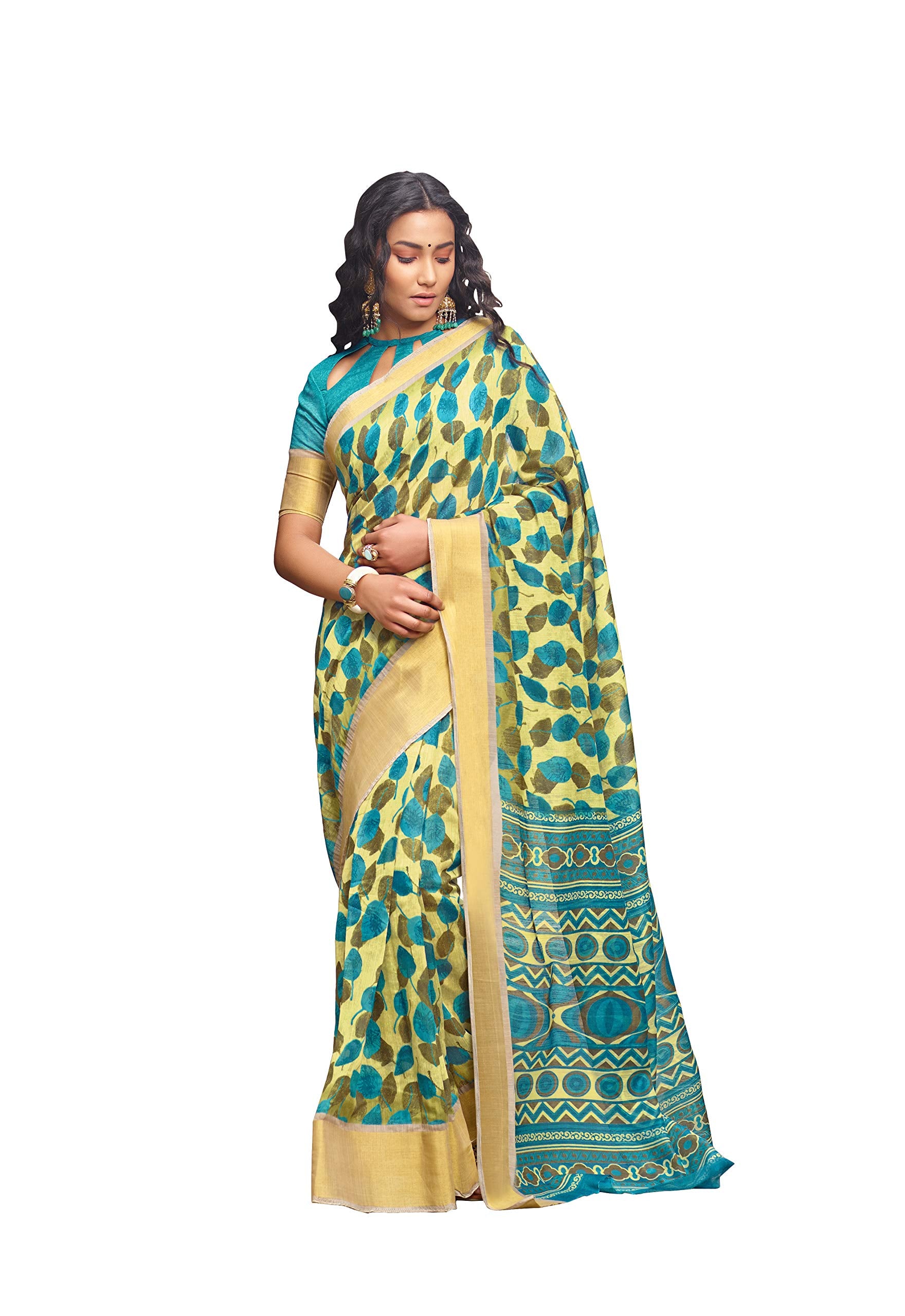 DRAVINAM Trends Women's Banarasi Linen Saree With Unstitched Blouse Piece (SareeML_10_Sea Green)