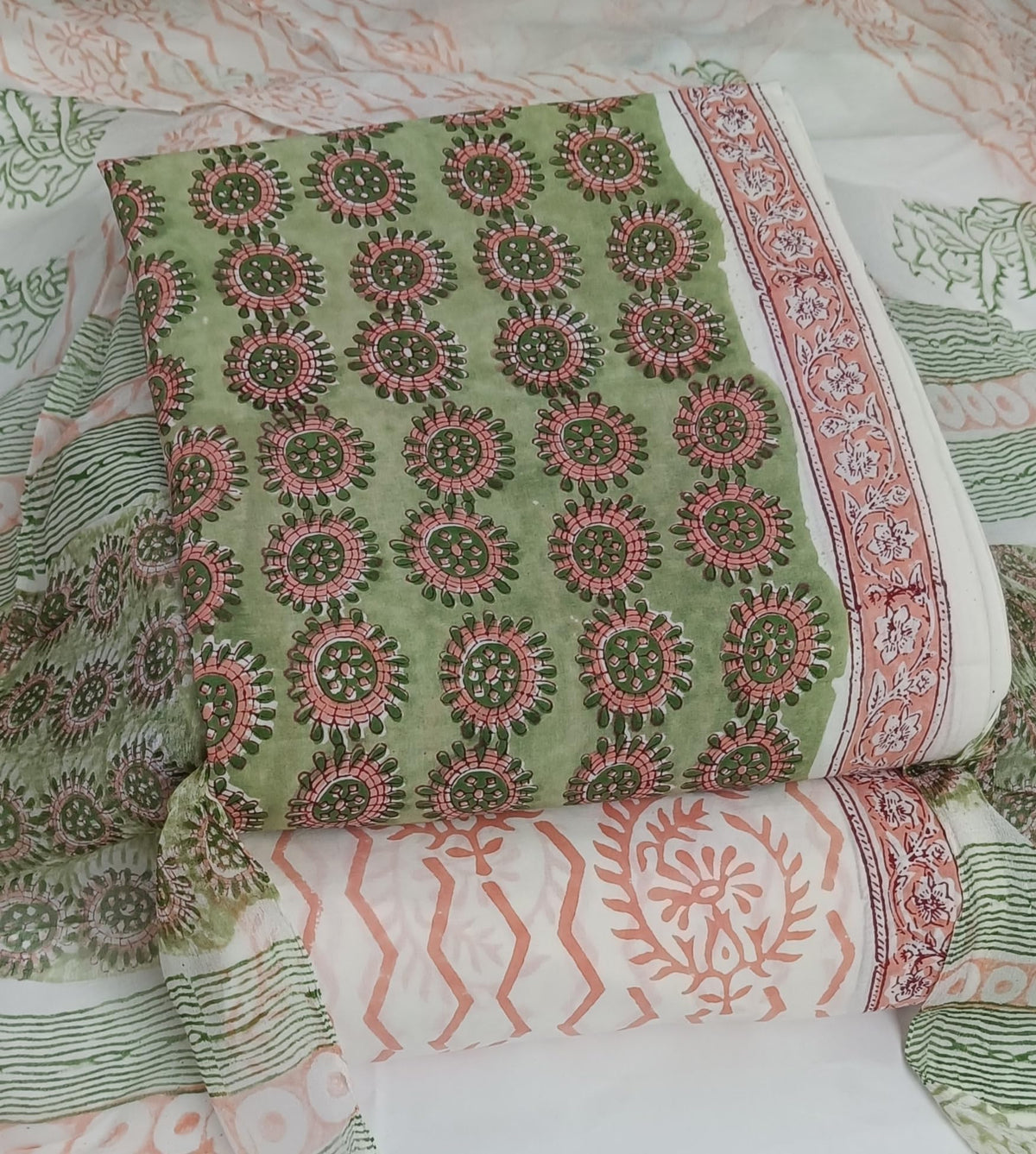 DRAVINAM Trends Hand Block Print Cambric Cotton Unstitched Salwar Suit Set for Women with Pure Chiffon Hand Printed Dupatta