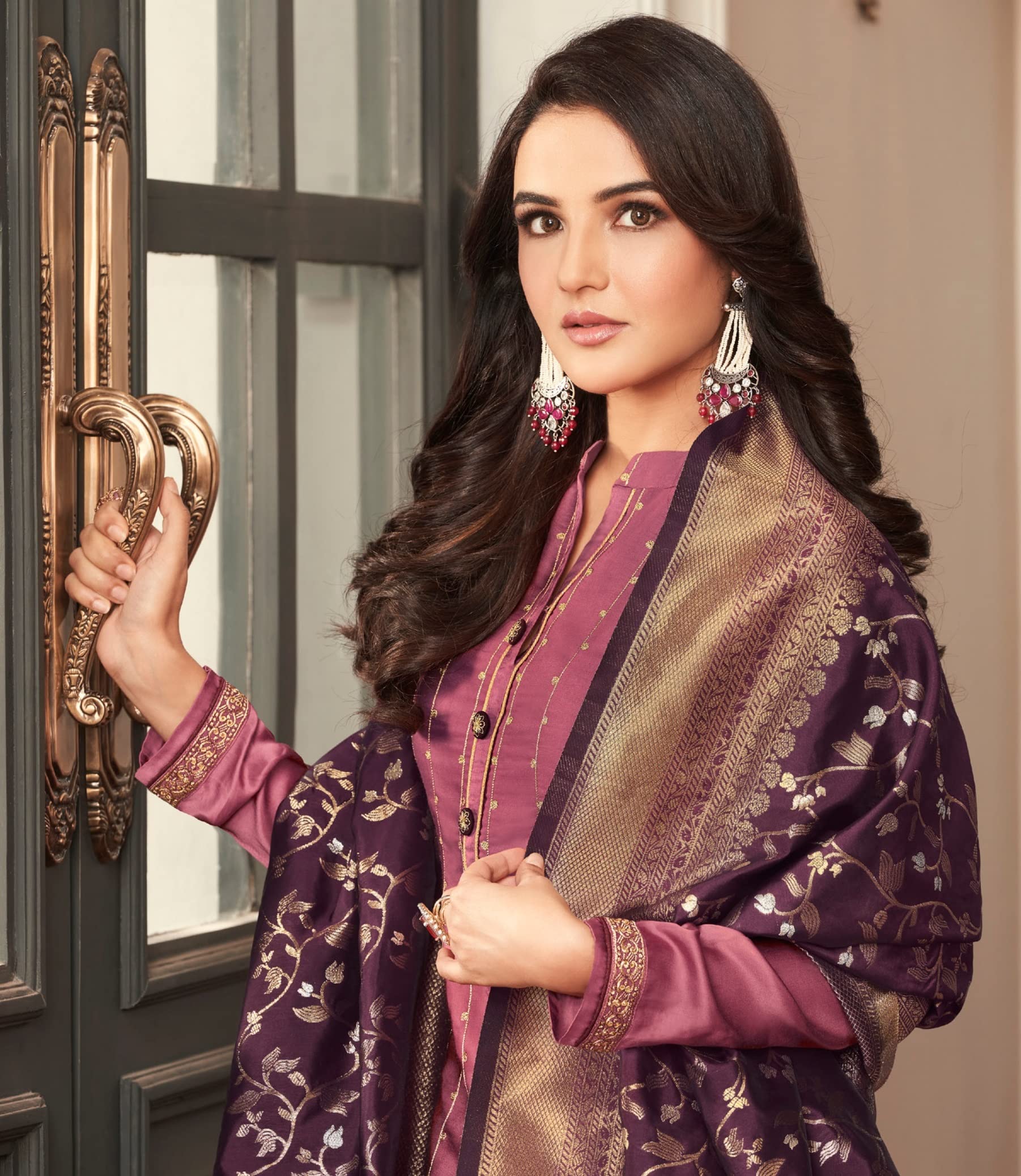 DRAVINAM Trends Women's Heavy Modal Satin Silk Sharara Style Pakistani Embroidered Salwar Suit Dress Material with Double Zari Jacquard Silk Banarasi Dupatta (Rust)