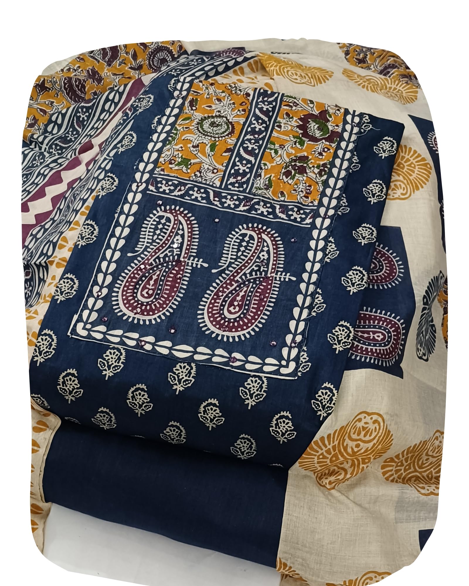 DRAVINAM Trends Women's Unstitched Cambric Cotton Dress Material Salwar Suit Set with Dupatta | Geometric Batik Print & Embellished Neckline (Multicolor)