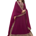 DRAVINAM Trends Women's Pure Georgette Heavy Zari Embroidered Anarkali Unstitched Suit Gown material with Georgette Embroidered and Swaroski work Dupatta (Free Size_Pinkish Red)