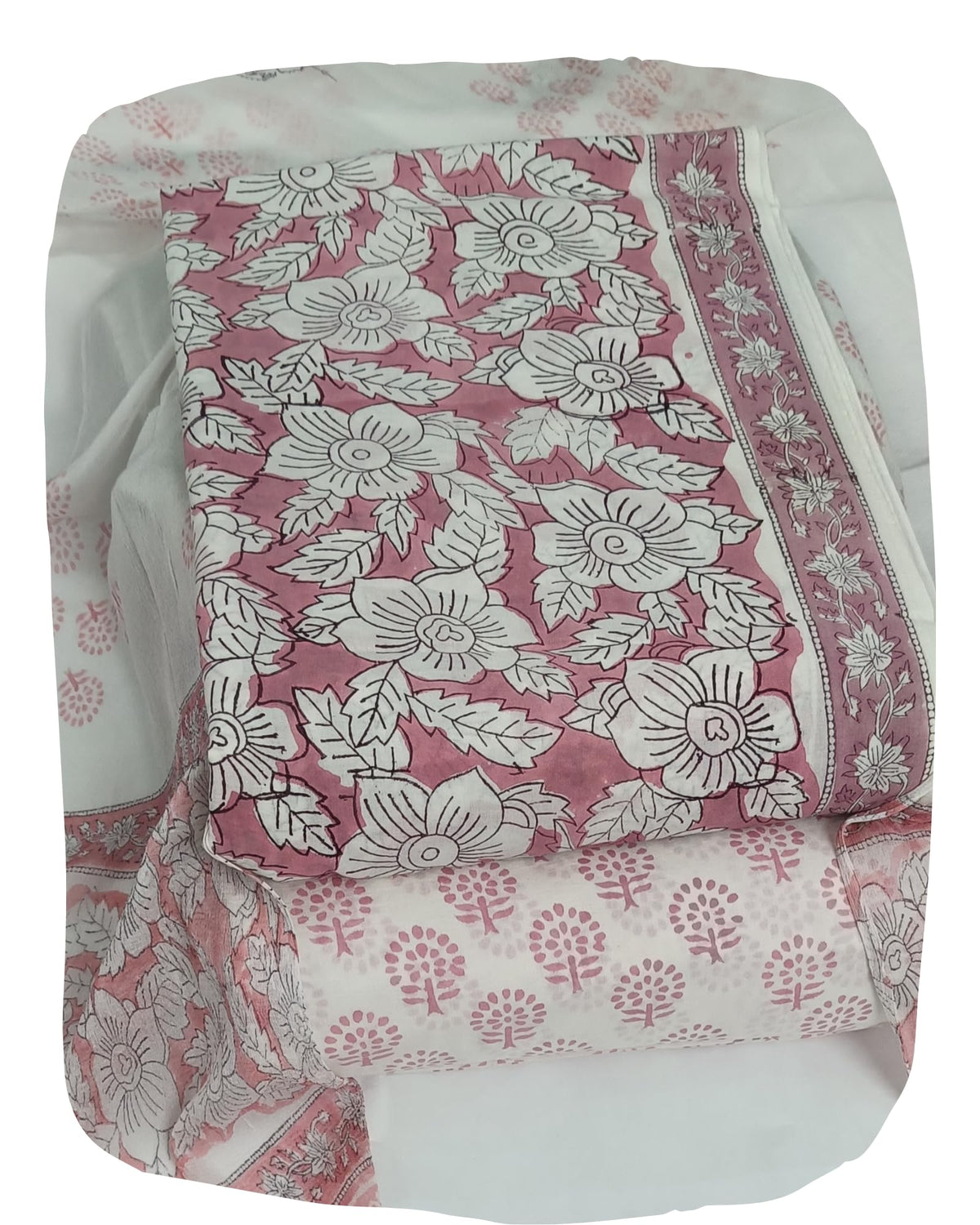 DRAVINAM Trends Hand Block Print Pure Cambric Cotton Unstitched Suit Material with Chiffon Hand Printed Dupatta