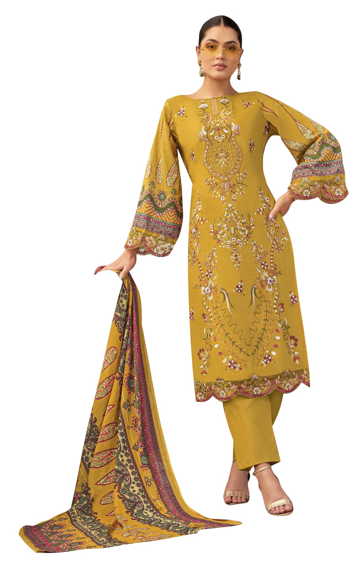 DRAVINAM Trends Women's Unstitched Cotton Suit Dress Material - Pure Cambric Cotton Pakistani Print Embroidered Kameez II Pure Cotton Bottoms II Pure Cotton Dupatta
