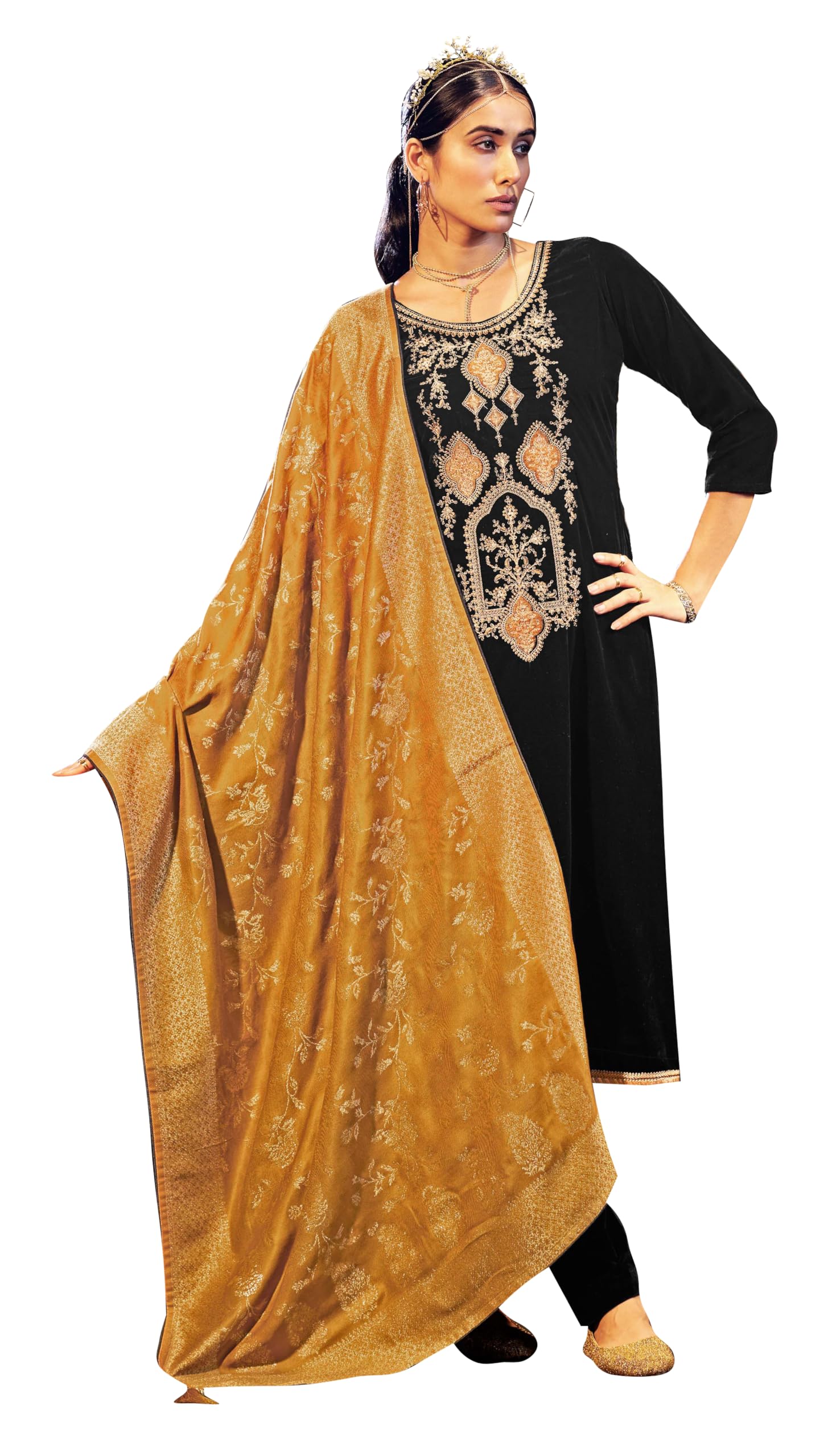 DRAVINAM Trends Women's Pure Velvet Heavy Embroidered Unstitch Salwar Suit Dress Material with Jacquard Twill Pashmina Warm Shawl Dupatta