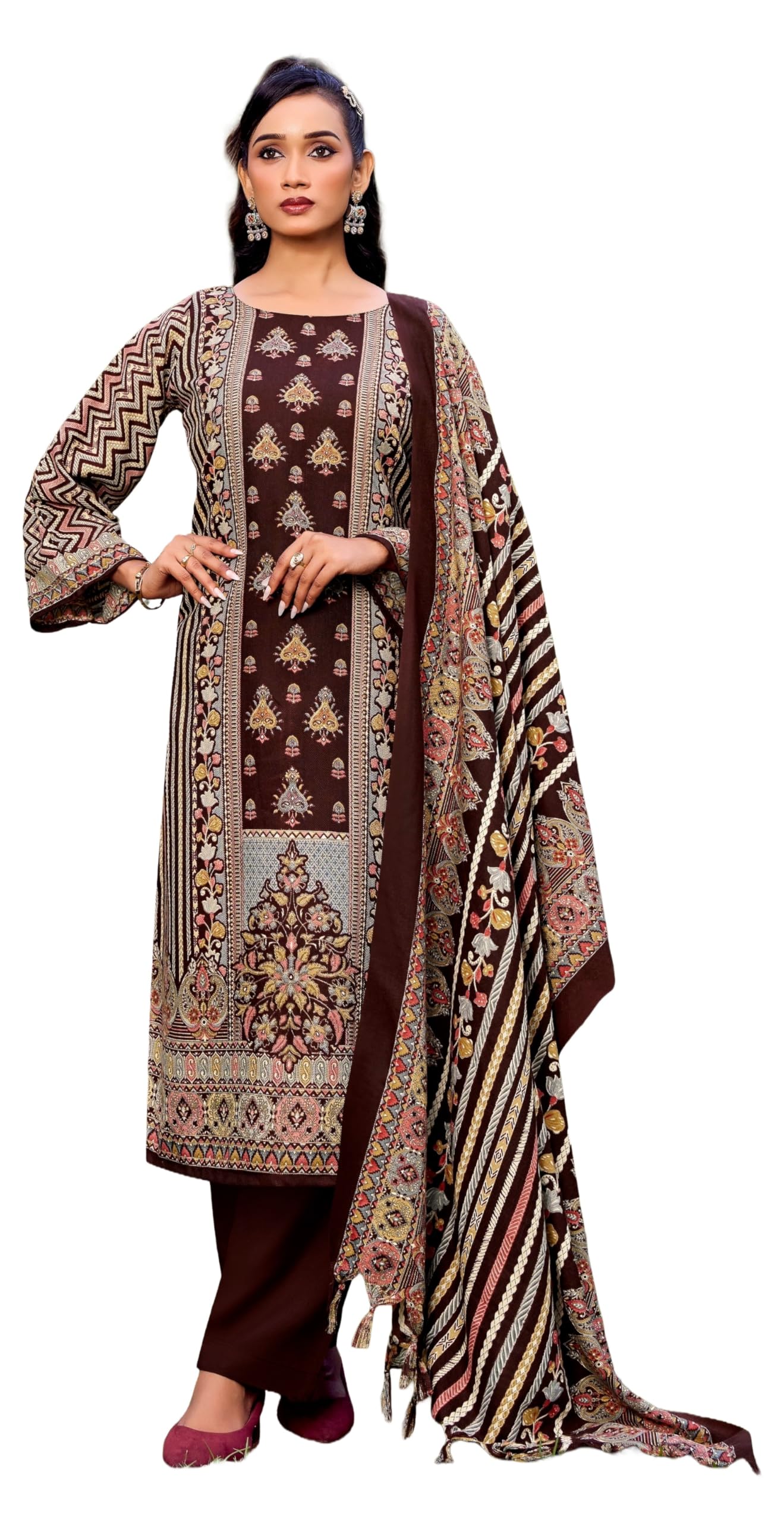 DRAVINAM Trends Women's Winter wear unstitched Printed Woollen Pashmina Salwar Suit Dress Material with Pashmina Printed Shawl Dupatta
