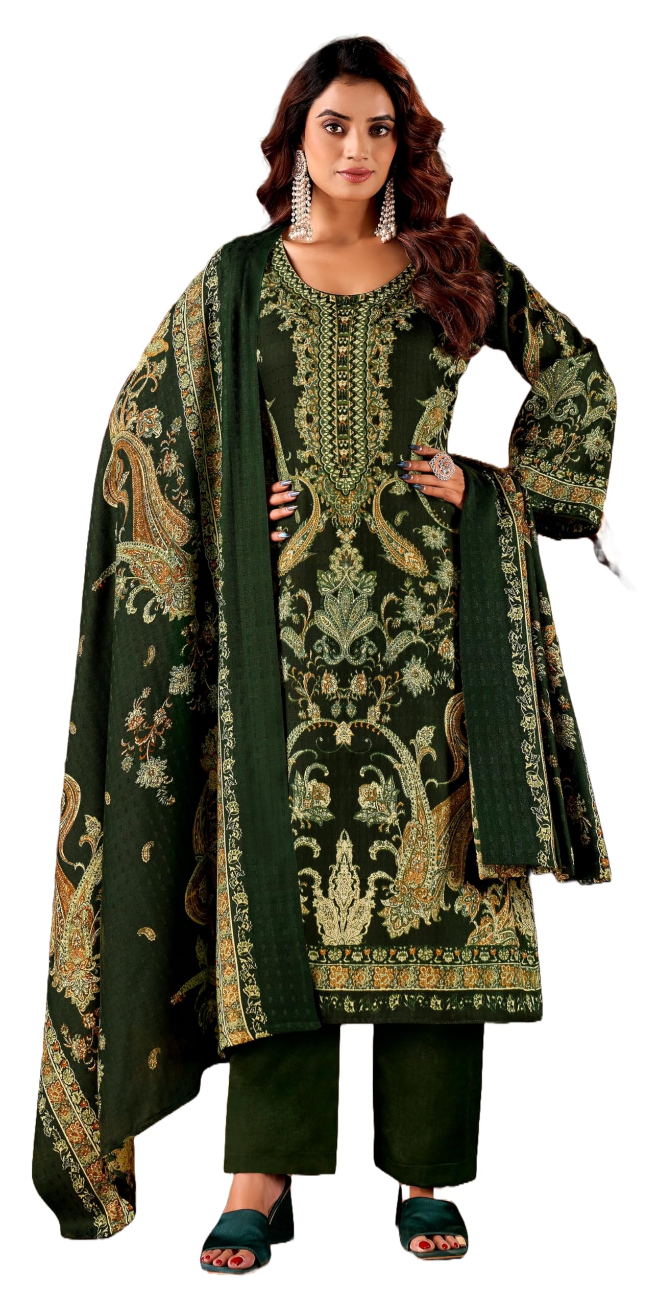 DRAVINAM Trends Women's Winter wear unstitched Printed Woollen Pashmina Salwar Suit Dress Material with Pashmina Printed Shawl Dupatta