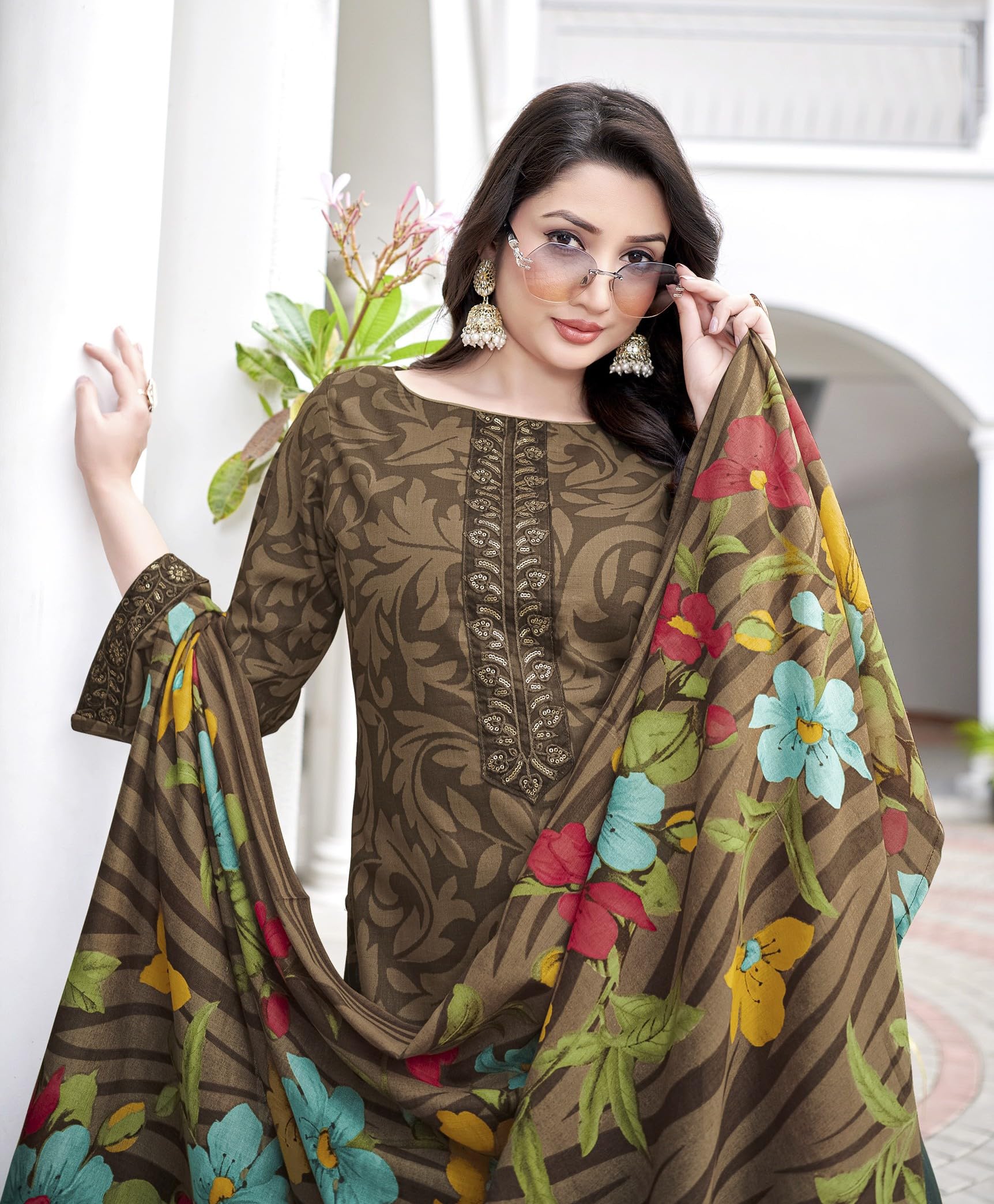 DRAVINAM Trends Kurti 2.50 mtrs,Pure Cotton Solid (2.7 m), Pure Cotton Mal Mal Print Dupatta (2.25 m)|Brown