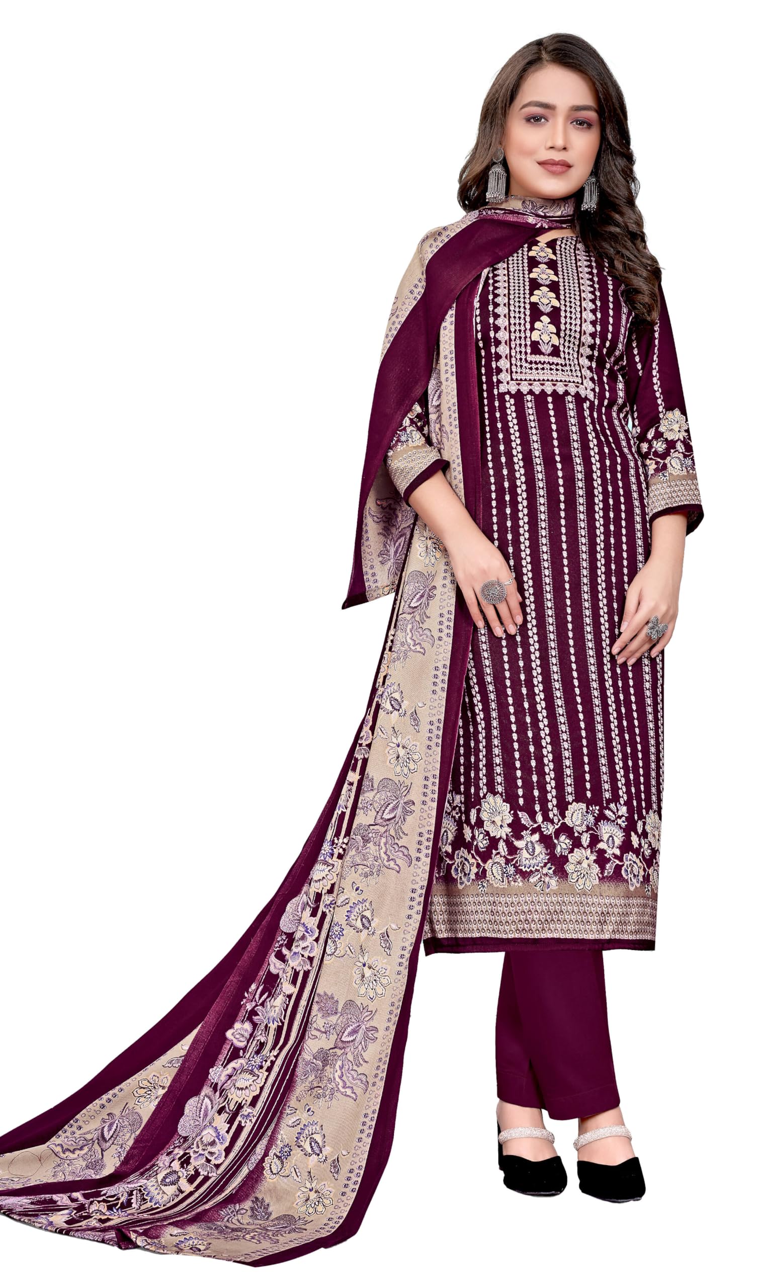 DRAVINAM Trends Women's Unstitched Kaani Print Pashmina Winter wear Dress Material Fabric for Salwar Suit with printed pashmina Kashmiri shawl dupatta (Red)