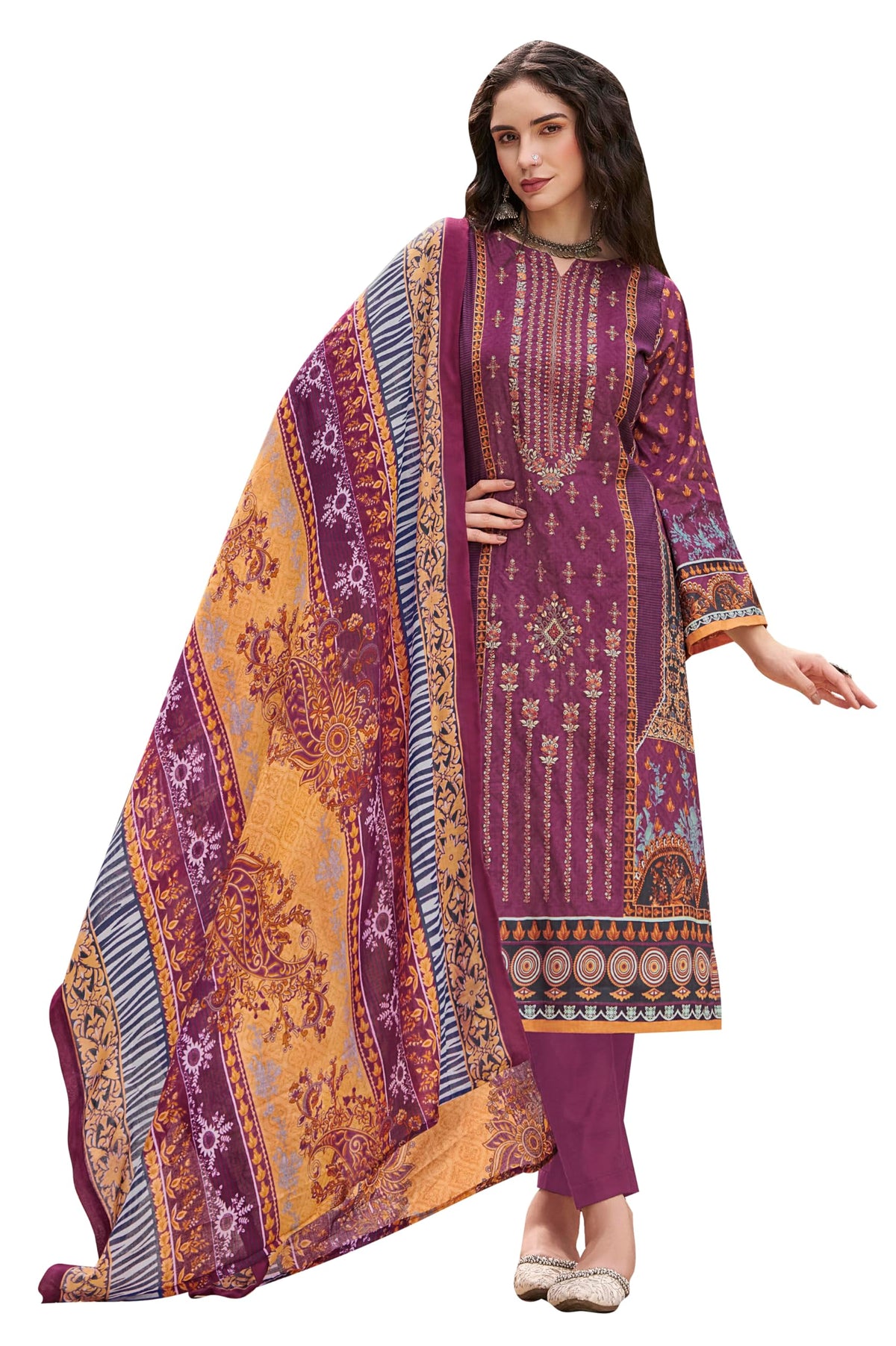 DRAVINAM Trends Unstitched Karachi Lawn Cotton Pakistani Digital Printed Embroidered Suit Dress Material with Unstitched Bottoms and Cotton Dupatta