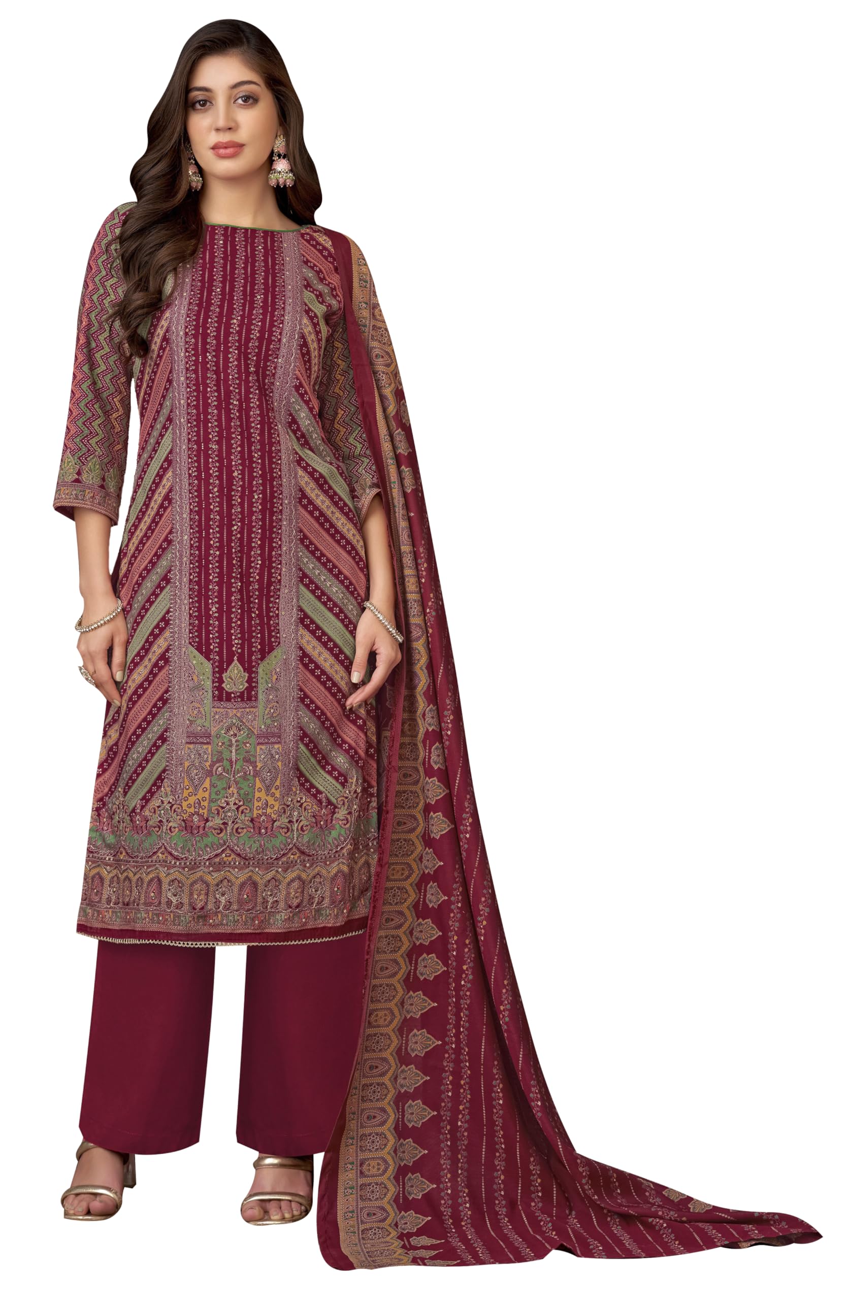 DRAVINAM Trends Kurti 2.50 mtrs,Pure Viscose Reyon Solid (2.7 m),Pure Viscose Silk Designer Print Dupatta (2.25 m)|Maroon