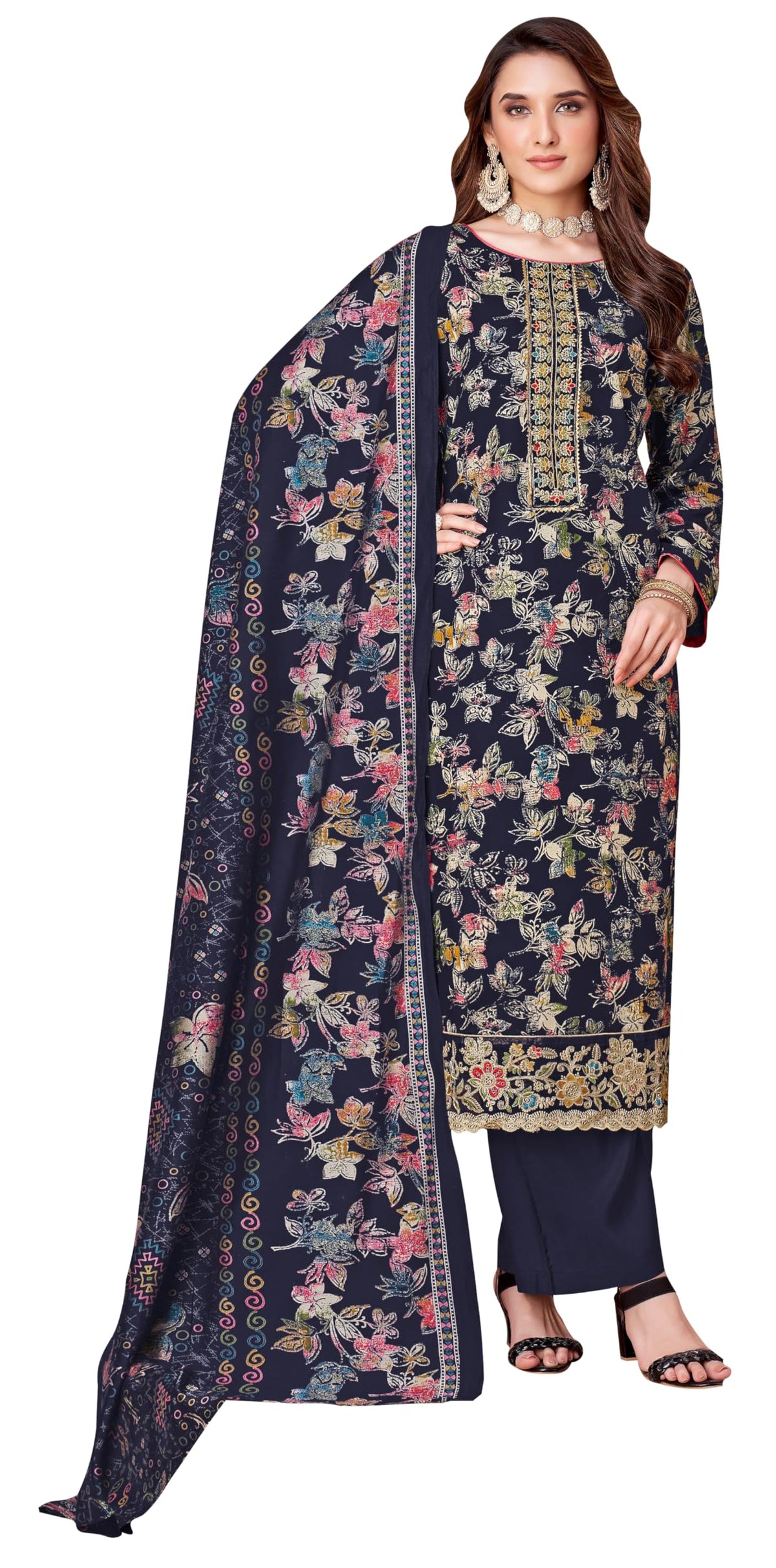 DRAVINAM Trends Pure Viscose Rayon Cotton Discharge Foil Printed Fancy Embroidered Suit Dress Material with Unstitched Bottoms and Cotton Silk Printed Dupatta