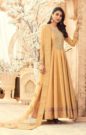 DRAVINAM Trends Women's Heavy Dola silk Embroidered and Hand Work Floor length Unstitched Gown Suit Material with Heavy Net Embroidered and Hand work Dupatta (Free size_Sea Green)