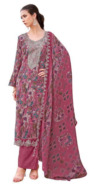 DRAVINAM Trends Pure Viscose Rayon Discharge Foil Printed Fancy Embroidered Daman Lace Suit Dress Material with Unstitched Rayon Bottoms and Cotton Embroidered Dupatta