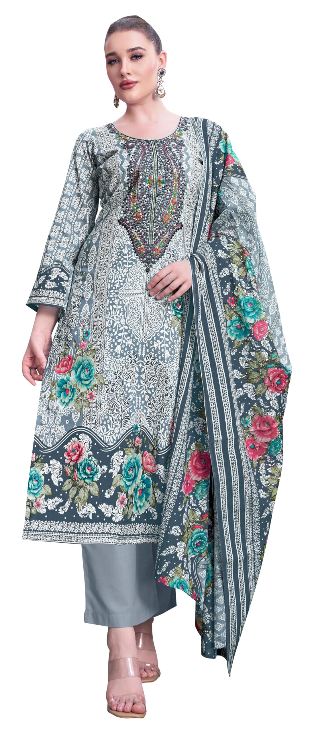 DRAVINAM Trends Unstitched Pakistani Embroidered Pure Cambric Cotton Salwar Suit Dress Materials with Cotton Dupatta