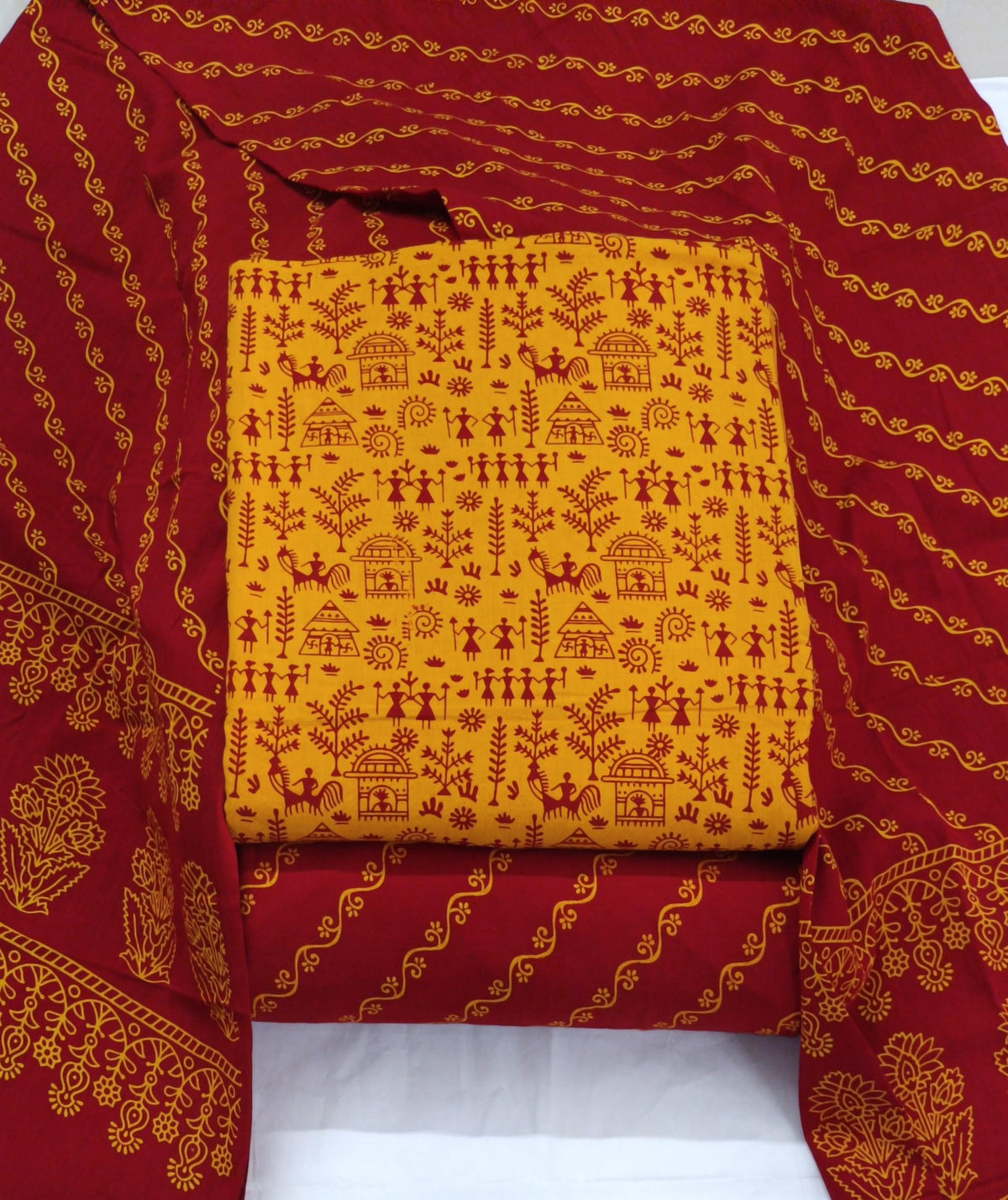 DRAVINAM Trends Women's Premium Cotton Unstitched Salwar Suit Dress Material Set | Traditional Rajasthani Gujari Block Print (Red & Mustard Yellow)