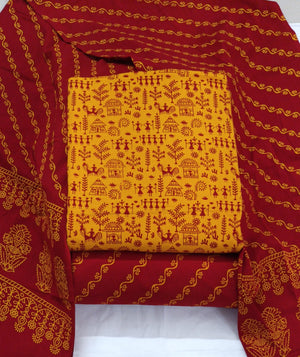 DRAVINAM Trends Women's Premium Cotton Unstitched Salwar Suit Dress Material Set | Traditional Rajasthani Gujari Block Print (Red & Mustard Yellow)