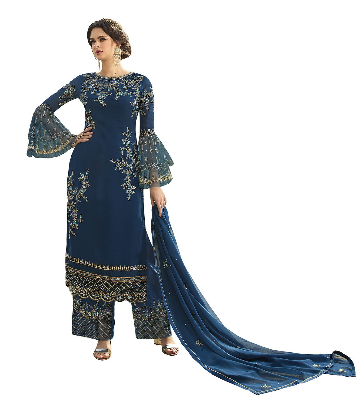 DRAVINAM Trends Women's Faux Georgette Semi Stitched Top With Unstitched Santoon Bottom and Net Dupatta Embroidered Straight Kurta Dress Material (Kurta Set)