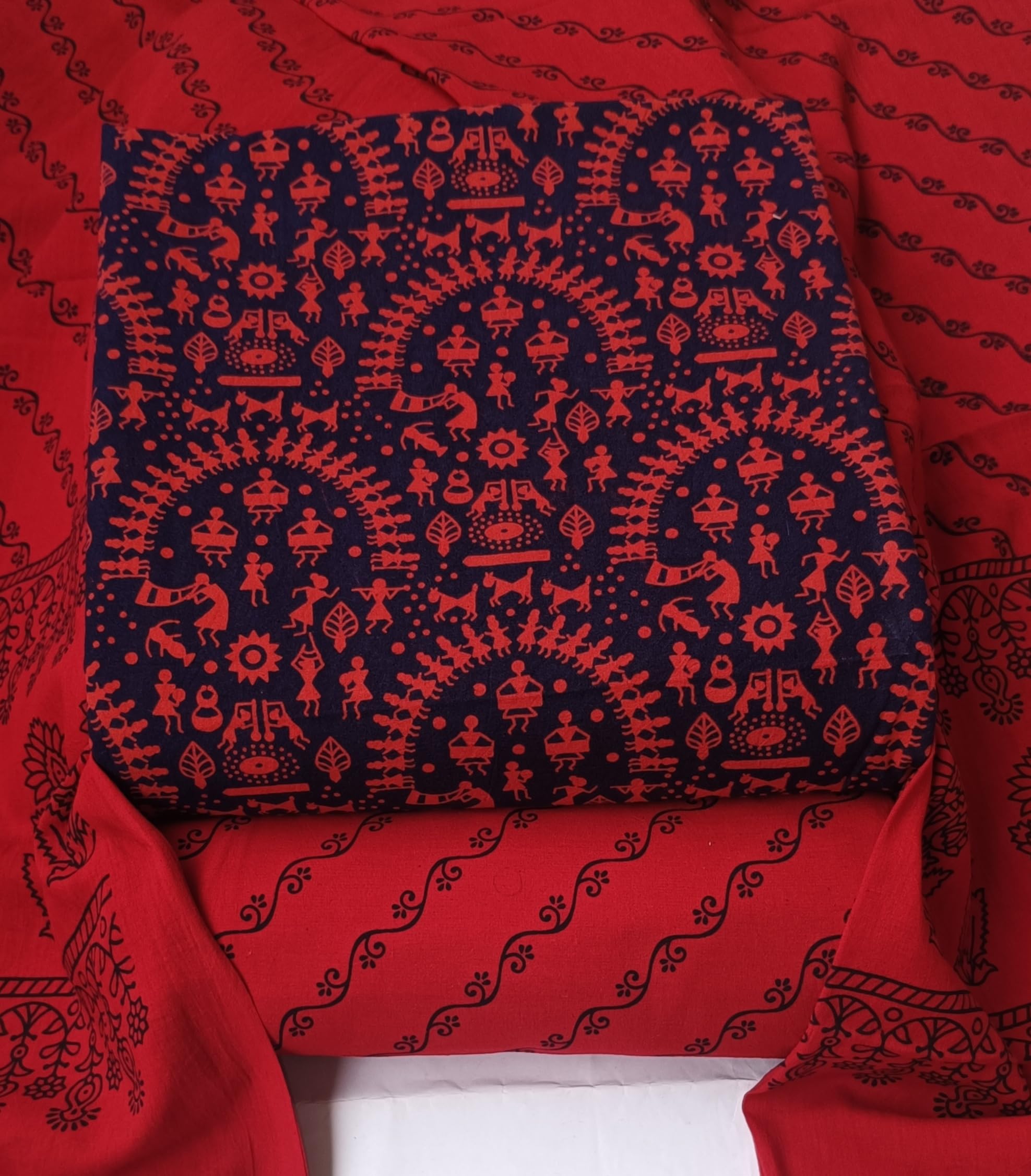 DRAVINAM Trends Women's Premium Cotton Unstitched Salwar Suit Dress Material Set | Traditional Rajasthani Gujari Block Print (Red & Mustard Yellow)