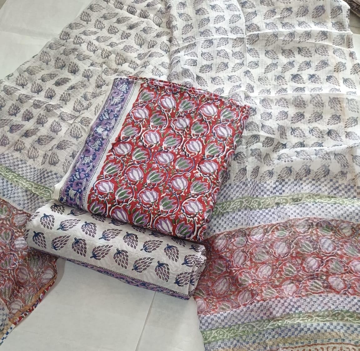 DRAVINAM Trends Sanganeri Hand Block Print Pure Cambric Unstitched Cotton Suit Dress Material with Kota Doriya Hand Printed Dupatta