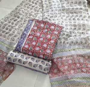 DRAVINAM Trends Sanganeri Hand Block Print Pure Cambric Unstitched Cotton Suit Dress Material with Kota Doriya Hand Printed Dupatta