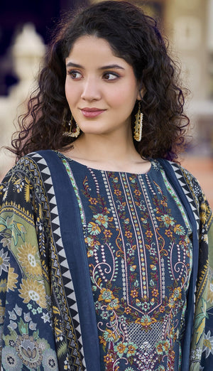 Women’s Dress Set | Pure Cotton with Print & Heavy Embroidery (2.5m), Mal Mal Dupatta (2.3m), Bottom (3m) | Available in Unstitched & Stitched Options (BLUE, XL - 42 Inch, Stitched)