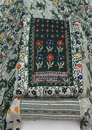 DRAVINAM Trends Women's Unstitched Cambric Cotton Dress Material Salwar Suit Set with Dupatta | Geometric Batik Print & Embellished Neckline (Multicolor)