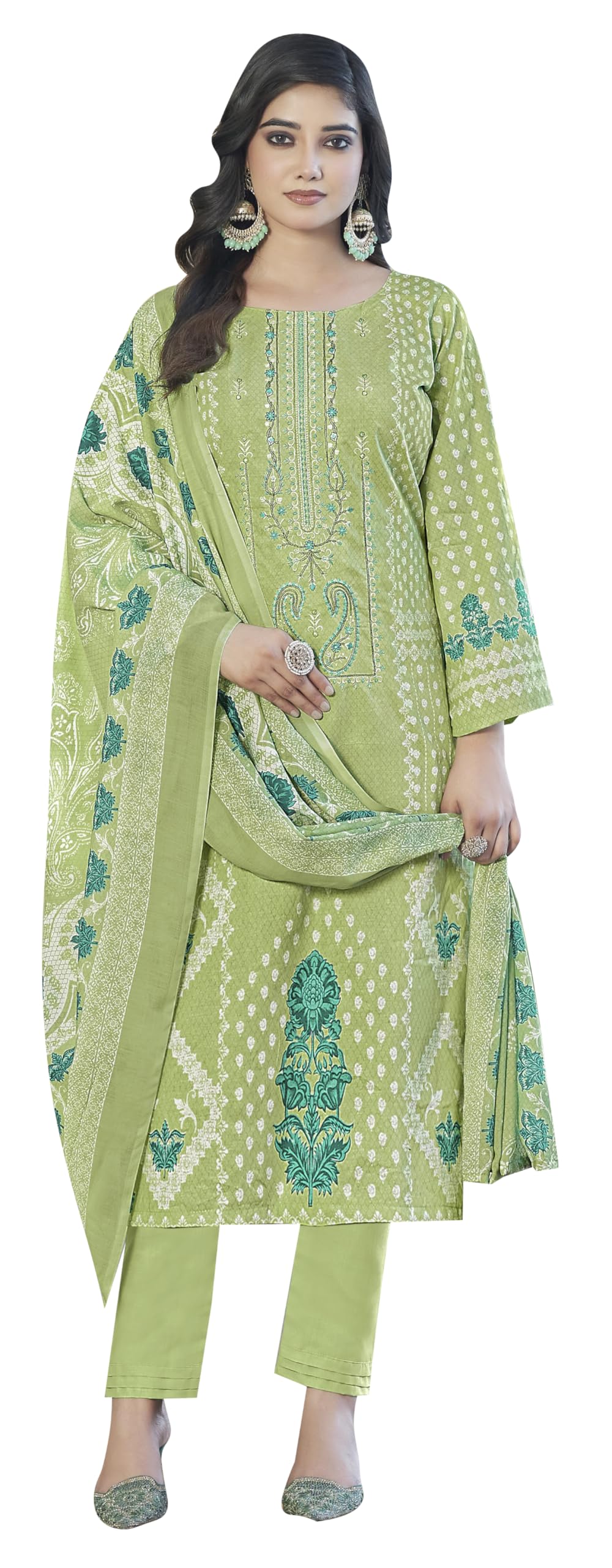 DRAVINAM Trends Women's Pure Lawn Cotton Pakistani Embroidered Suit Dress Material with Unstitched Bottoms and Cotton Dupatta