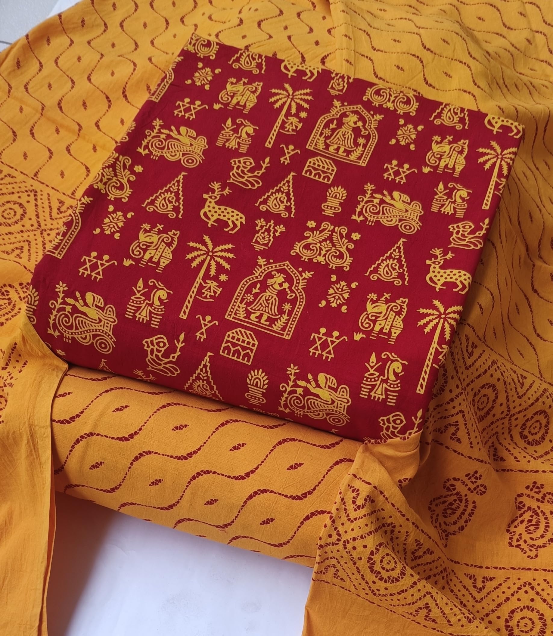 DRAVINAM Trends Women's Premium Cotton Unstitched Salwar Suit Dress Material Set | Traditional Rajasthani Gujari Block Print (Red & Mustard Yellow)