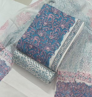 DRAVINAM Trends Hand Block Print Cambric Cotton Unstitched Salwar Suit Set for Women with Pure Chiffon Hand Printed Dupatta