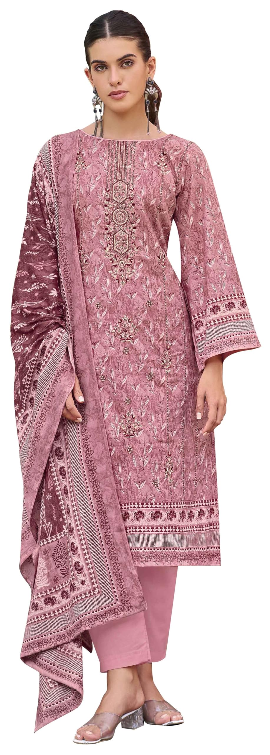 DRAVINAM Trends Women's Pure Lawn Cotton Pakistani Embroidered Salwar Suit Dress Material with Unstitched Bottoms and Printed Cotton Dupatta