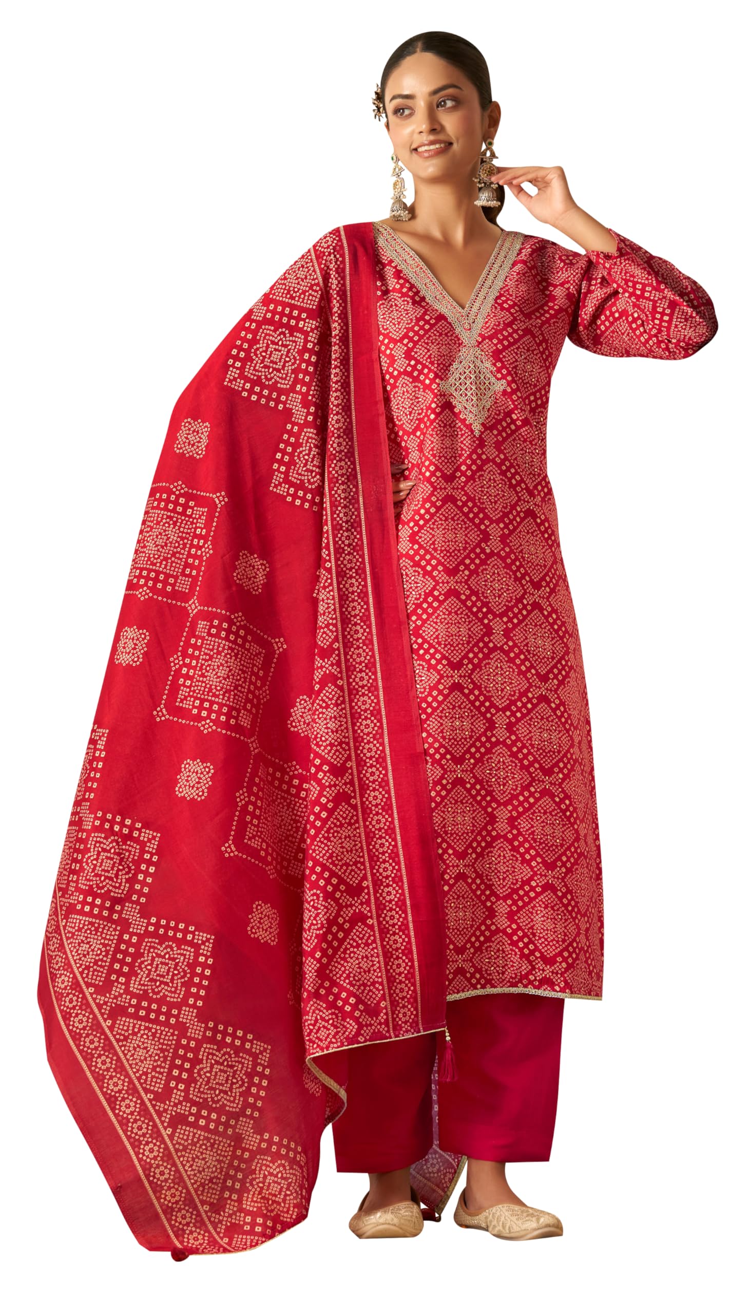 DRAVINAM Trends Women's Unstitched Silk Suit - Modal Silk Discharge Foil Print with Coding Embroidery Top || Solid Bottoms II Modal Silk Discharge Foil Print And Tussle Dupatta