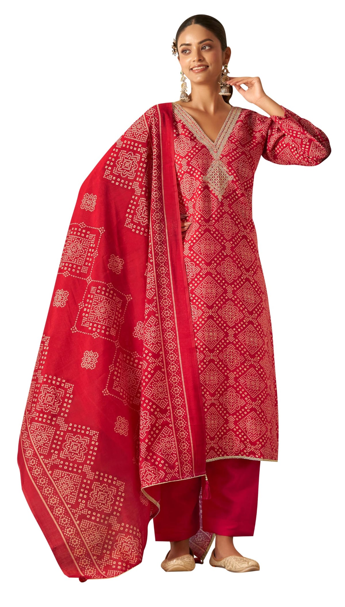 DRAVINAM Trends Women's Unstitched Silk Suit - Modal Silk Discharge Foil Print with Coding Embroidery Top || Solid Bottoms II Modal Silk Discharge Foil Print And Tussle Dupatta