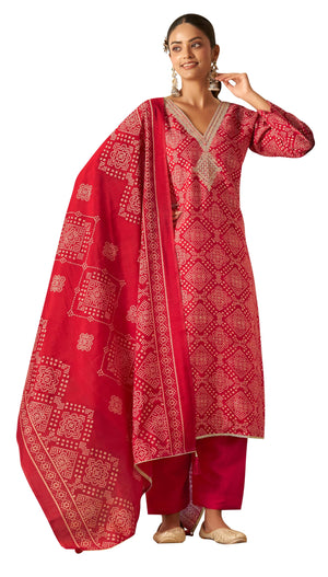 DRAVINAM Trends Women's Unstitched Silk Suit - Modal Silk Discharge Foil Print with Coding Embroidery Top || Solid Bottoms II Modal Silk Discharge Foil Print And Tussle Dupatta