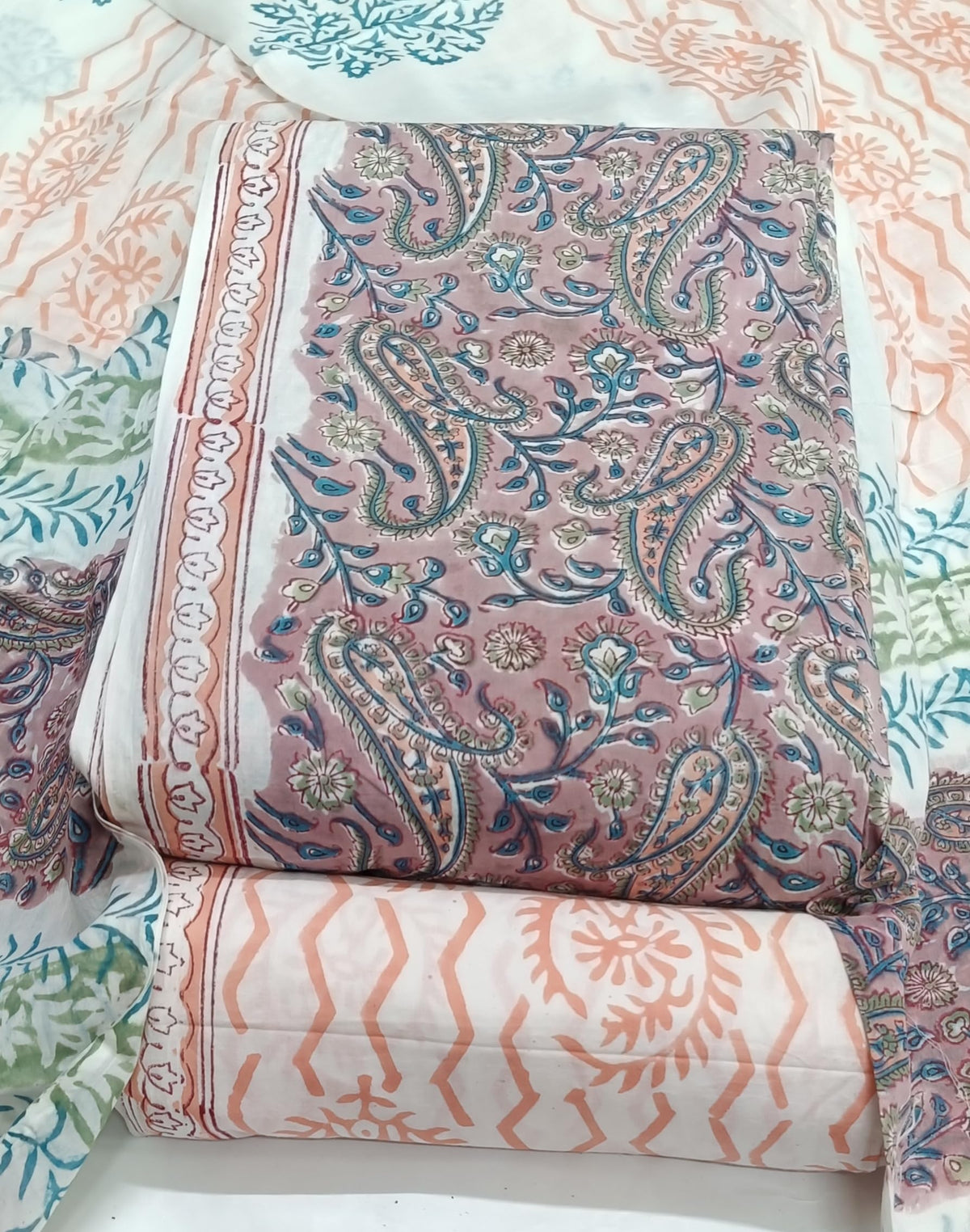 DRAVINAM Trends Hand Block Print Sanganeri Cambric Unstitched Cotton Suit Dress Material for Women with Mulmul Cotton Hand Printed Dupatta