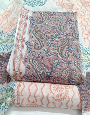 DRAVINAM Trends Hand Block Print Sanganeri Cambric Unstitched Cotton Suit Dress Material for Women with Mulmul Cotton Hand Printed Dupatta