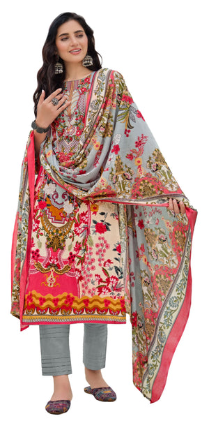 DRAVINAM Trends Women's Lawn Cotton Pakistani Embroidered Suit Dress Material with Unstitched Bottoms and Cotton Dupatta
