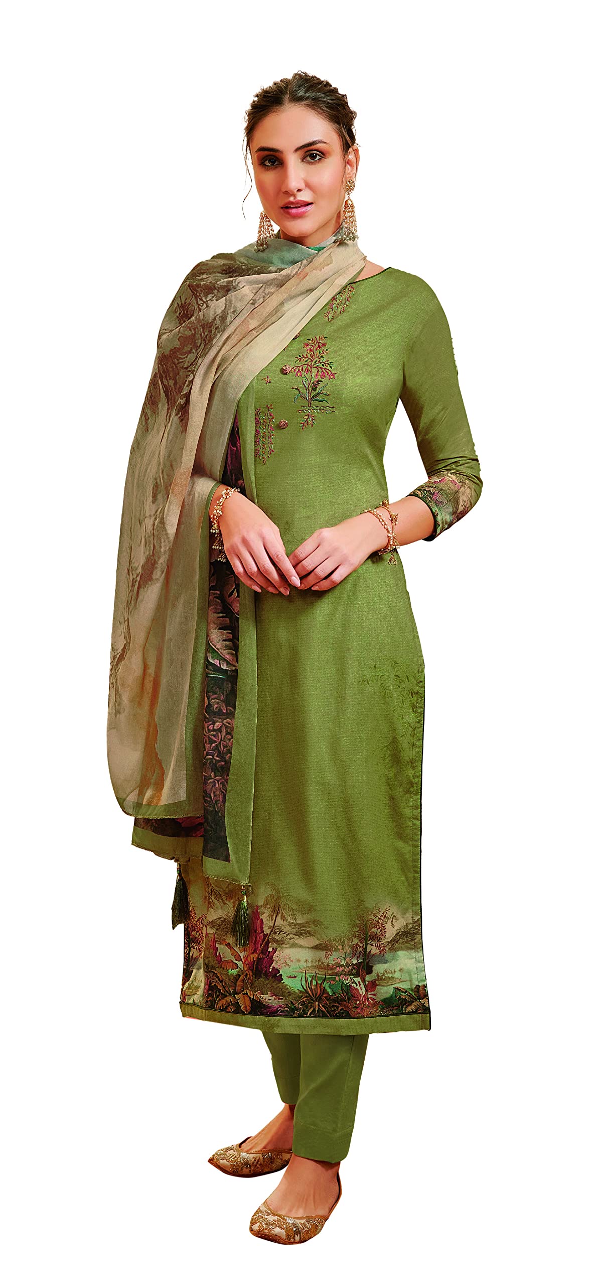 DRAVINAM Trends Women's Unstitched Pure Lawn Digital Printed Placement Embroidered Cotton Salwar Suit Dress Material with Mal Mal Cotton Digital Printed Dupatta (Parrot Green)
